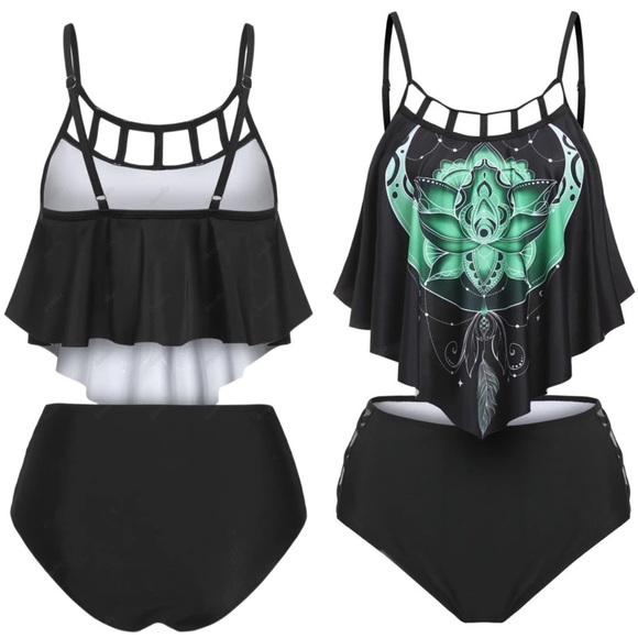 Moon Print ✦ Tankini Set ✦ Criss-Cross Caged Top + High-Waisted Bottom Size M - Picture 5 of 9